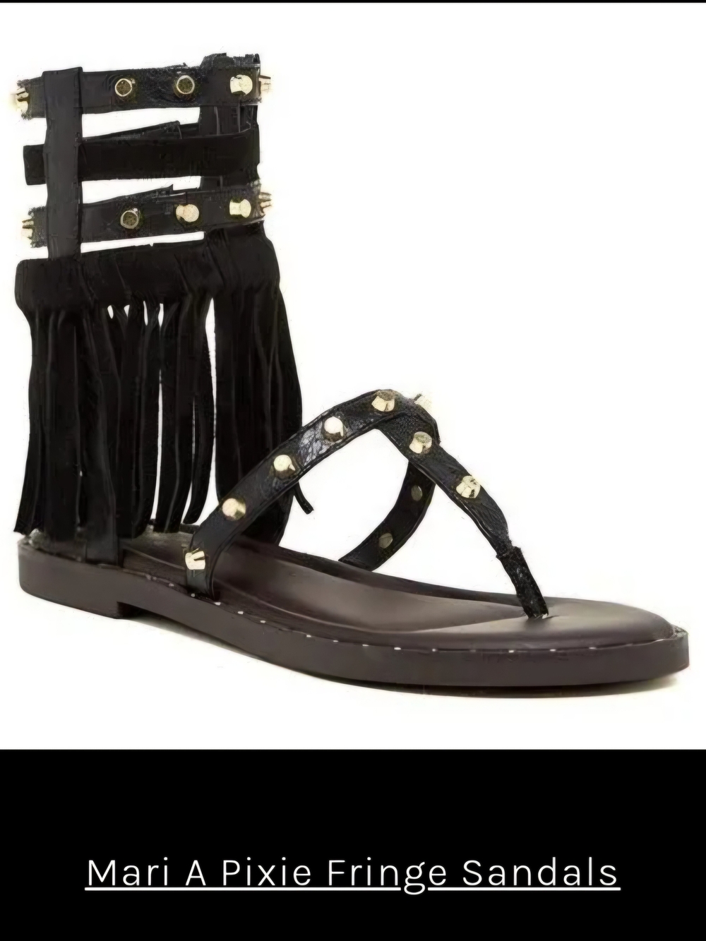 Mari A Pixie Black Fringe Gladiator Sandals with Gold Studs